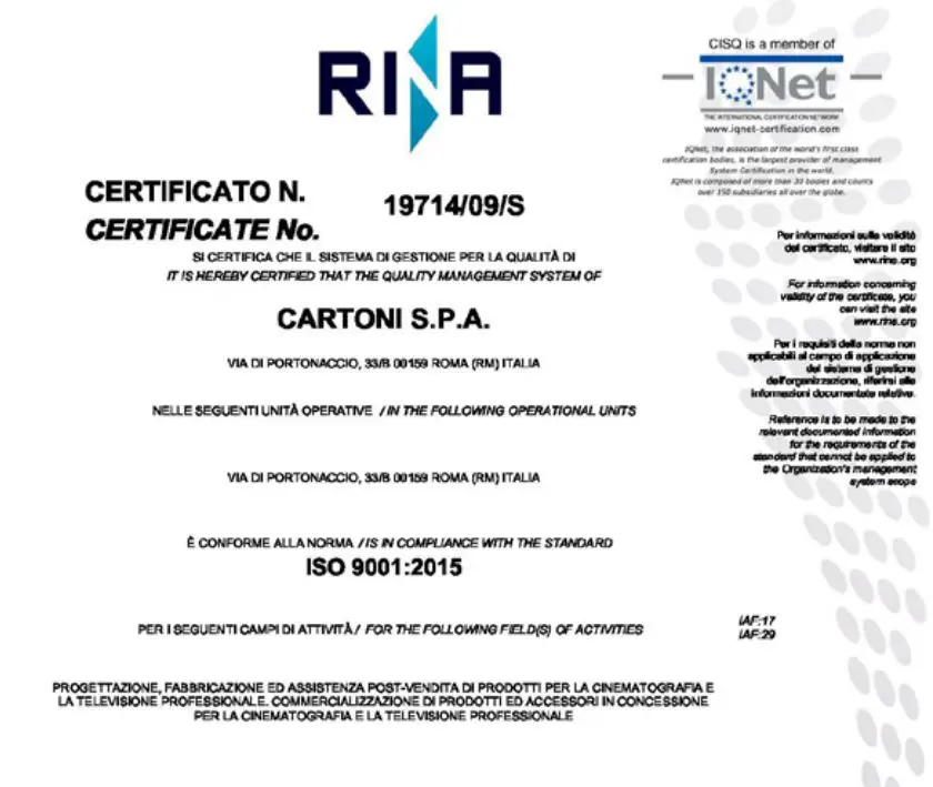 LAMBDA Cartoni Professional Camera Support User Manual - Certificate