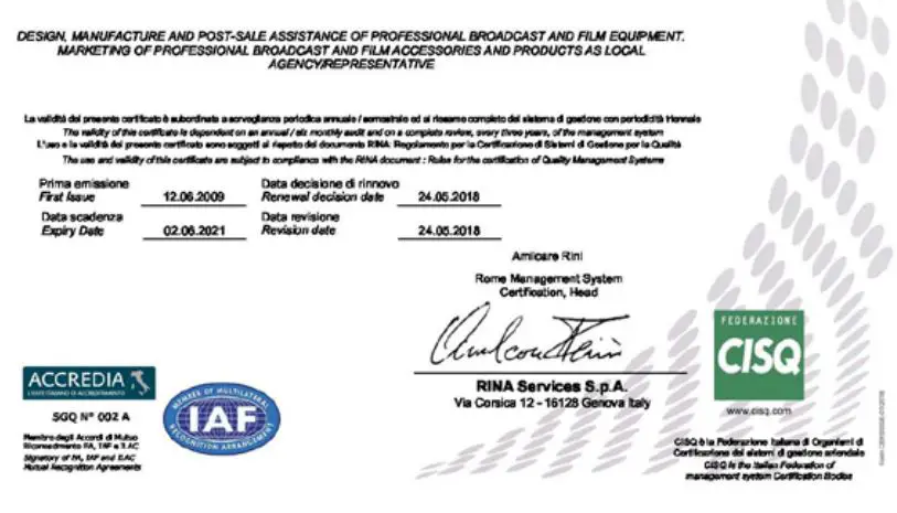 LAMBDA Cartoni Professional Camera Support User Manual - Certificate