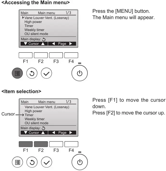 MITSUBISHI ELECTRIC Electric Air Distribution Grille Indoor Cassette - Navigating through the Main menu 1
