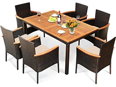 myhomore HDCT-ARM-WH7 7-Piece Plastic Retangular Outdoor Dining Set with Armrests and Beige Cushions-PRODUCT