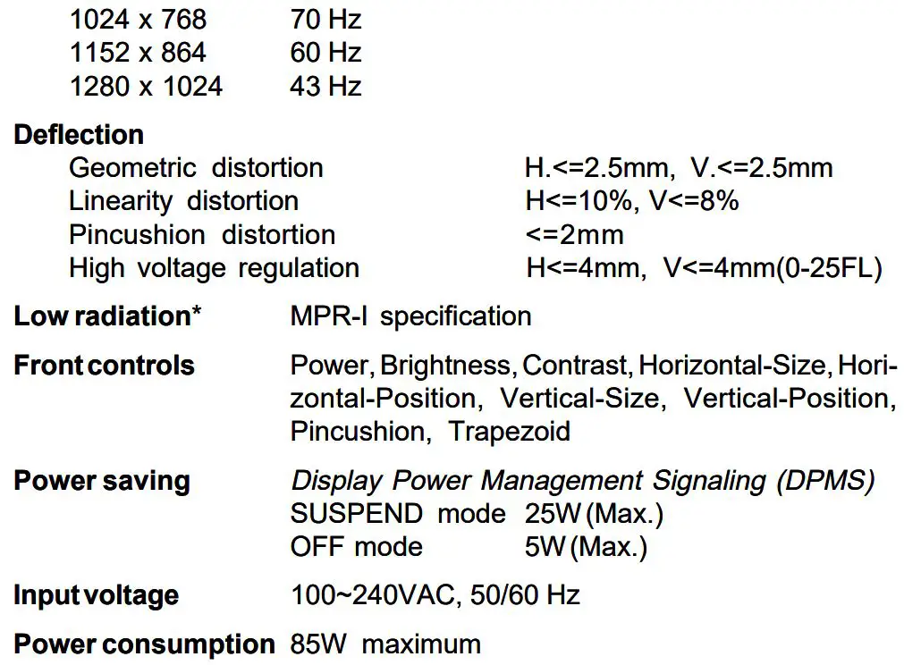 MAXTECH XT4871 14 Inch Color Monitor User Manual - Appendix A - Specifications
