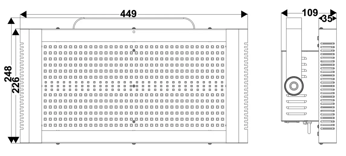 EVENT LIGHTING EVE-STUNNER400 Hybrid strobe and 36 section eye candy effect - Dimensions
