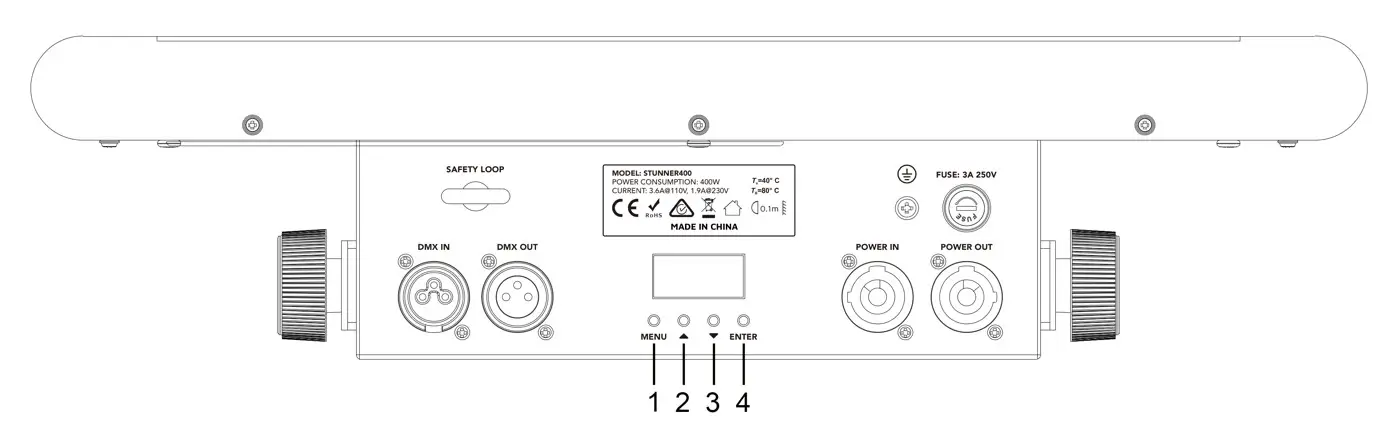 EVENT LIGHTING EVE-STUNNER400 Hybrid strobe and 36 section eye candy effect - Menu Operation