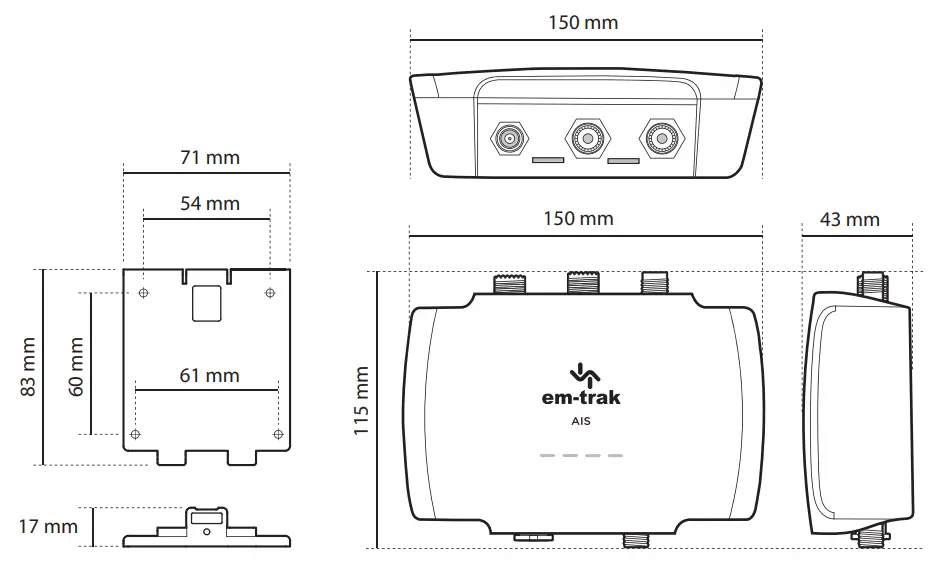 em-trak B923 Class B AIS Transceiver with Integrated Splitter - Dimensions