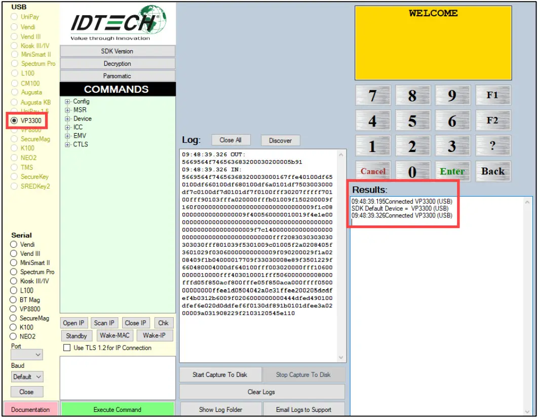 IDTECH VP3300 MagStripe EMV Contact and EMV Contactless Reader - USB connected device tab and Results
