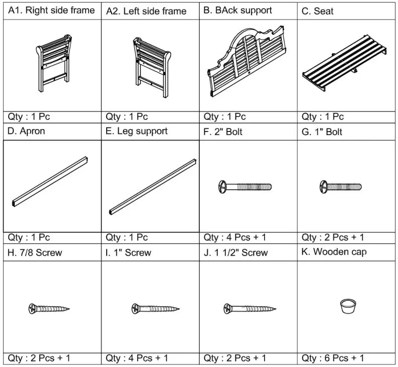 cambring Teak 4' Bench - Parts & Hardware Lists