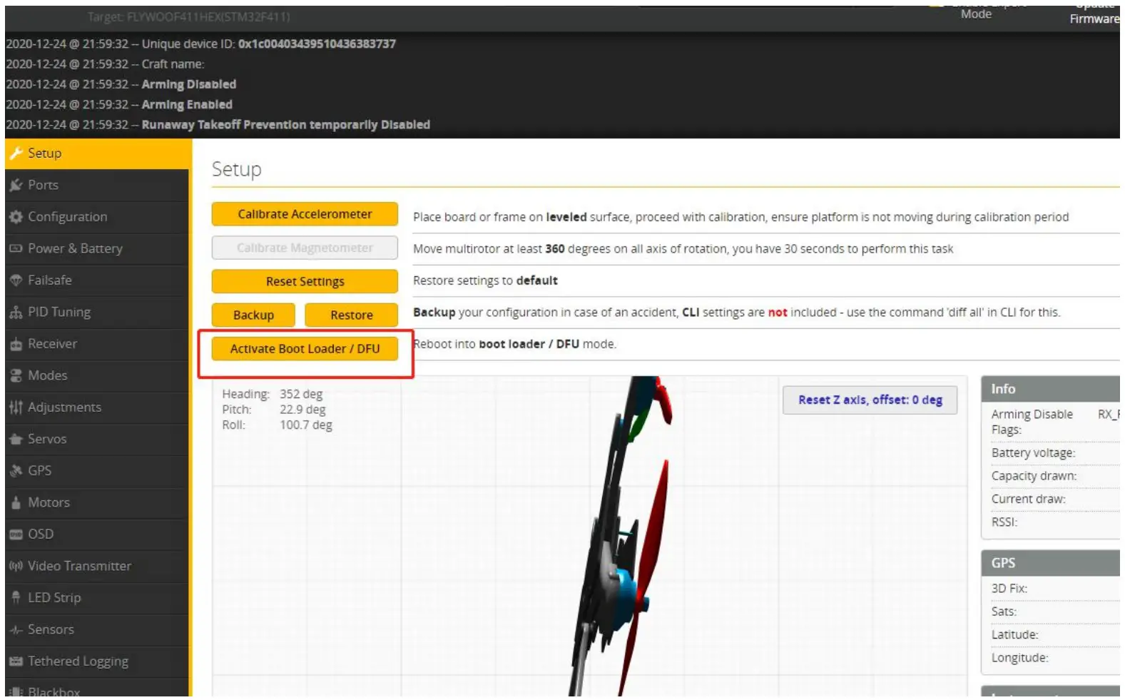 FLYWOO Firefly 1S Nano Baby Quad - Activate DFU