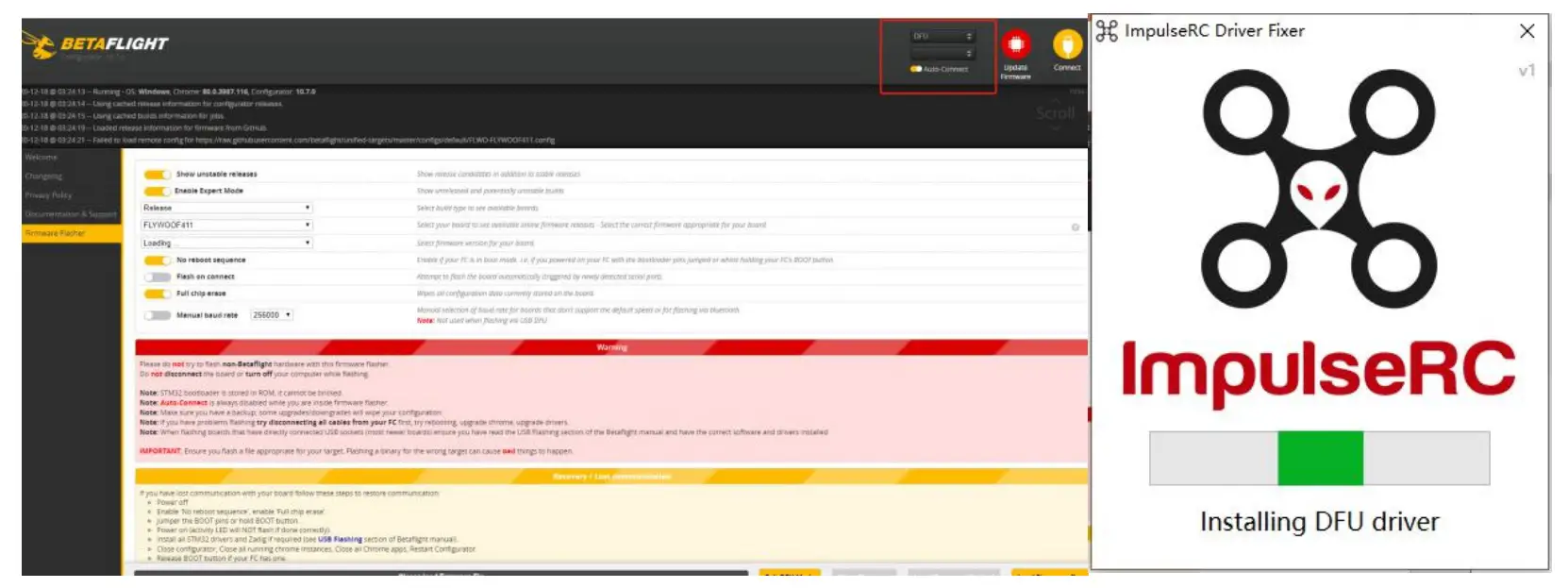 FLYWOO Firefly 1S Nano Baby Quad - BF Configurator will display to enter DFU mode