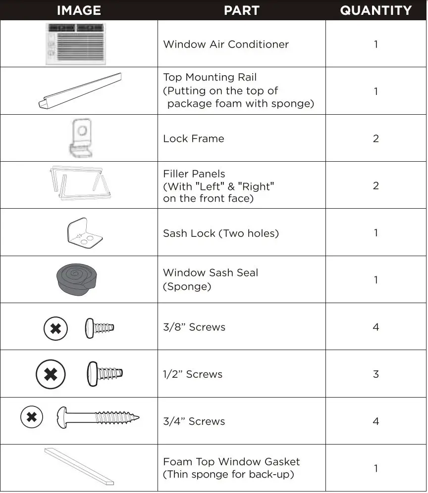 EMERSON Window Air Conditioner Owner’s Manual - Packing List