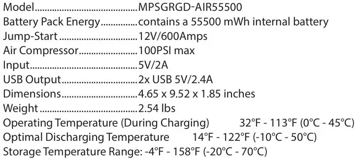 mophie Powerstation Go Rugged with Air Compressor - Specifications