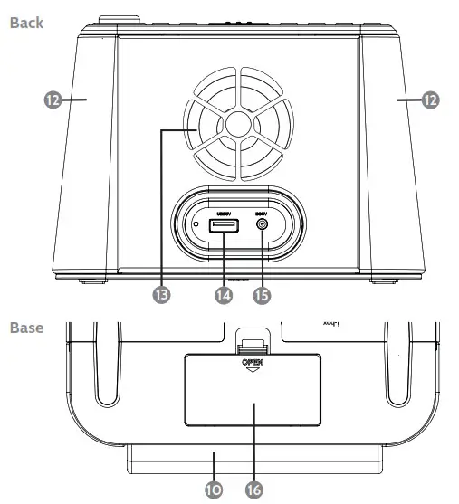 i-box TRY576 Bedside Alarm Clock - Back - Control Panel