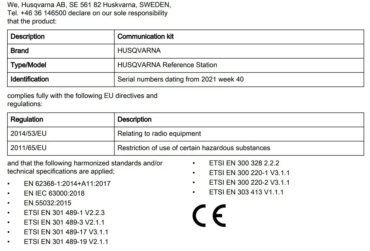 Husqvarna 970 46 82-03 EPOS Reference Station User Manual - EU Declaration of Conformity