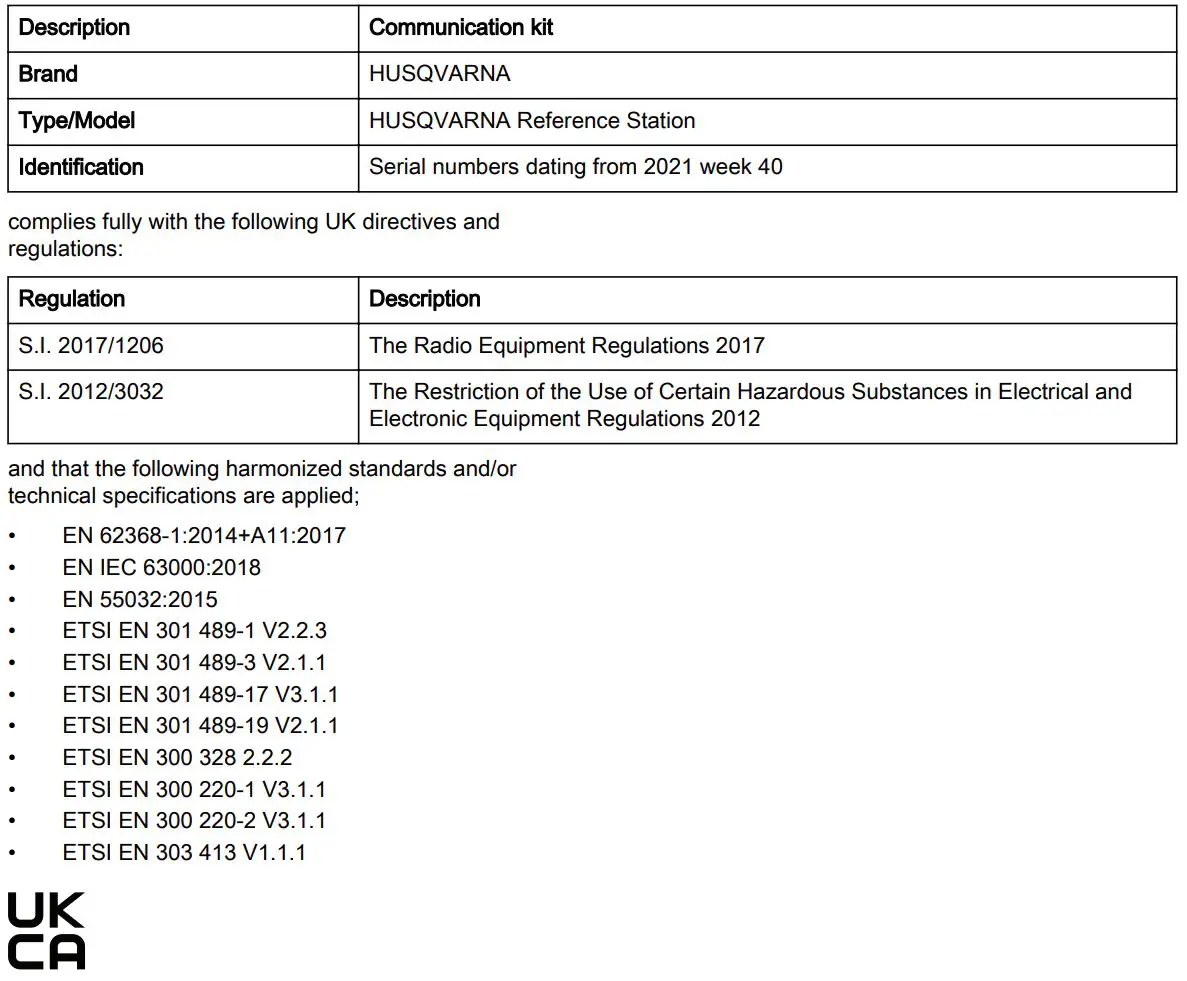Husqvarna 970 46 82-03 EPOS Reference Station User Manual - UK Declaration of Conformity