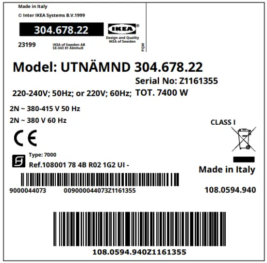 IKEA Utnaemnd Induction Hob 500 Black - Rating plate