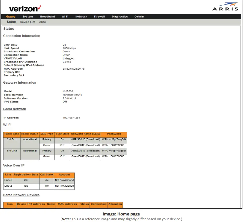 Arris NVG558HX Fixed Broadband Gateway - Home page