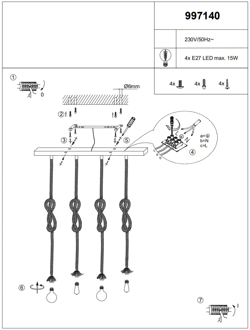 LeuchtenDireckt E27 Fassung 4 Flammig Seil-Leuchte Maritimer Look
