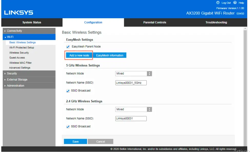 Linksys E8450 AX3200 DUAL --Add a new node”