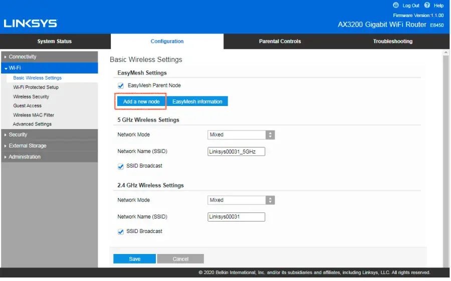 Linksys E8450 AX3200 DUAL --Basic Wi-Fi Settings