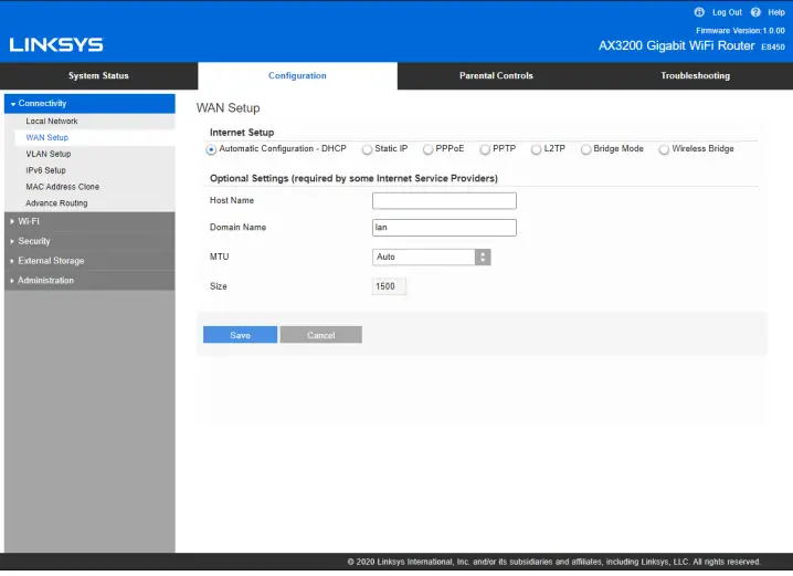 Linksys E8450 AX3200 DUAL --Internet Setup