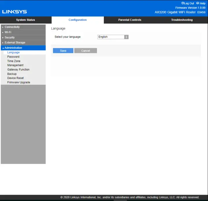 Linksys E8450 AX3200 DUAL --Language