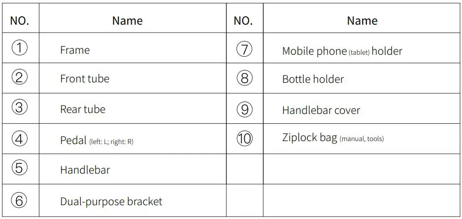 YESOUL YS-002 M1 Smart Spin Bike Instruction Manual - List of Parts