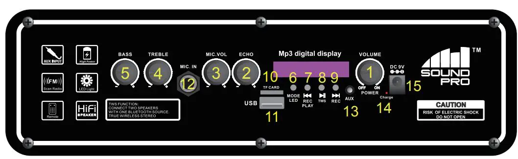 naxa DS-1535 15-Inch Portable Speaker with Bluetooth and TWS Instruction Manual - CONTROL PANEL