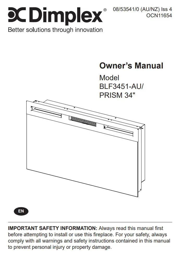Dimplex BLF3451-AU Prism Eelctric Fire 34 Inch Wall Mounted Owner's Manual
