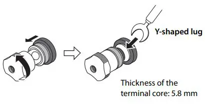 YAMAHA Integrated Amplifier Owner’s Manual - Unscrew the knob and then sandwich the Y-shaped lug between the ring part and base of the terminal.