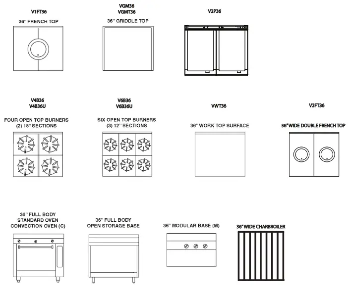 VULCAN V2BG18S V Series 36 Inch 2 Burner Heavy-Duty Manual Range - CONFIGURATION OF HEAVY DUTY RANGES