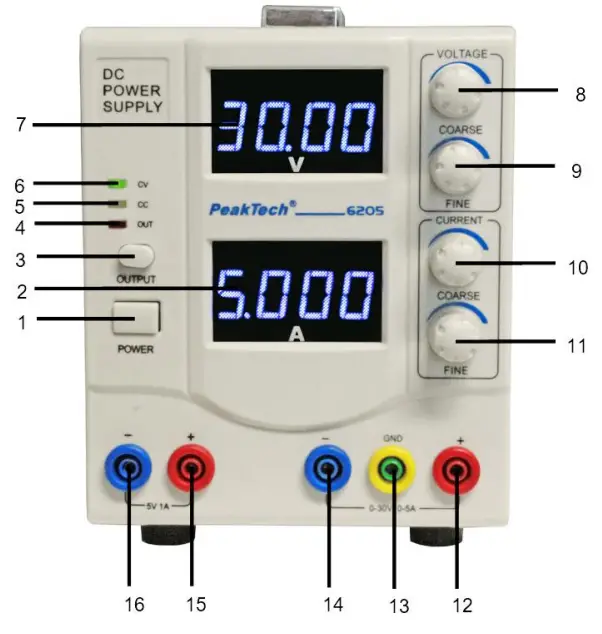 PeakTech 6205 Regulated Laboratory Power Supply - Controls and description