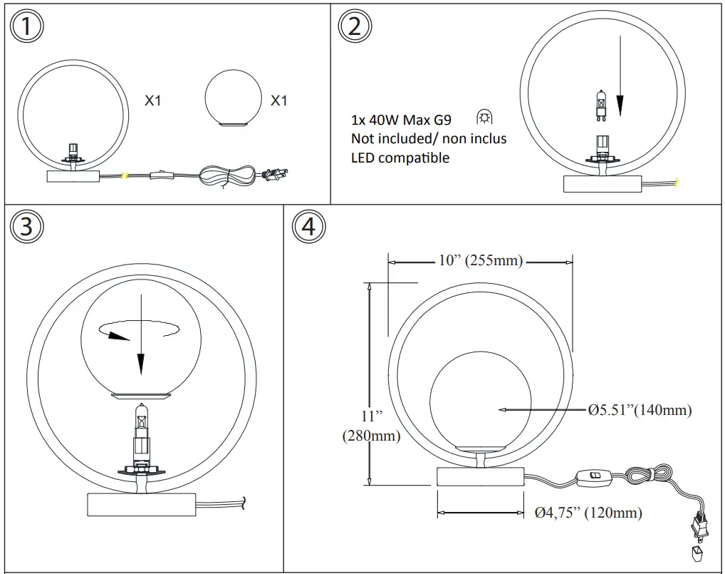 Dainolite ADR-101T Adrienna 11-in Black LED Table Lamp with No Shade -