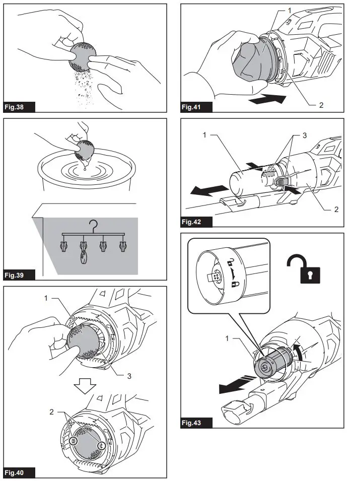 makita CL003GZ Cordless Cleaner Instruction Manual - Fig 38,43