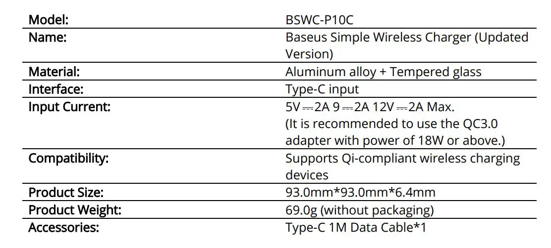 Baseus WXJK-B01 Simple Wireless Charger 15W QI - Specification