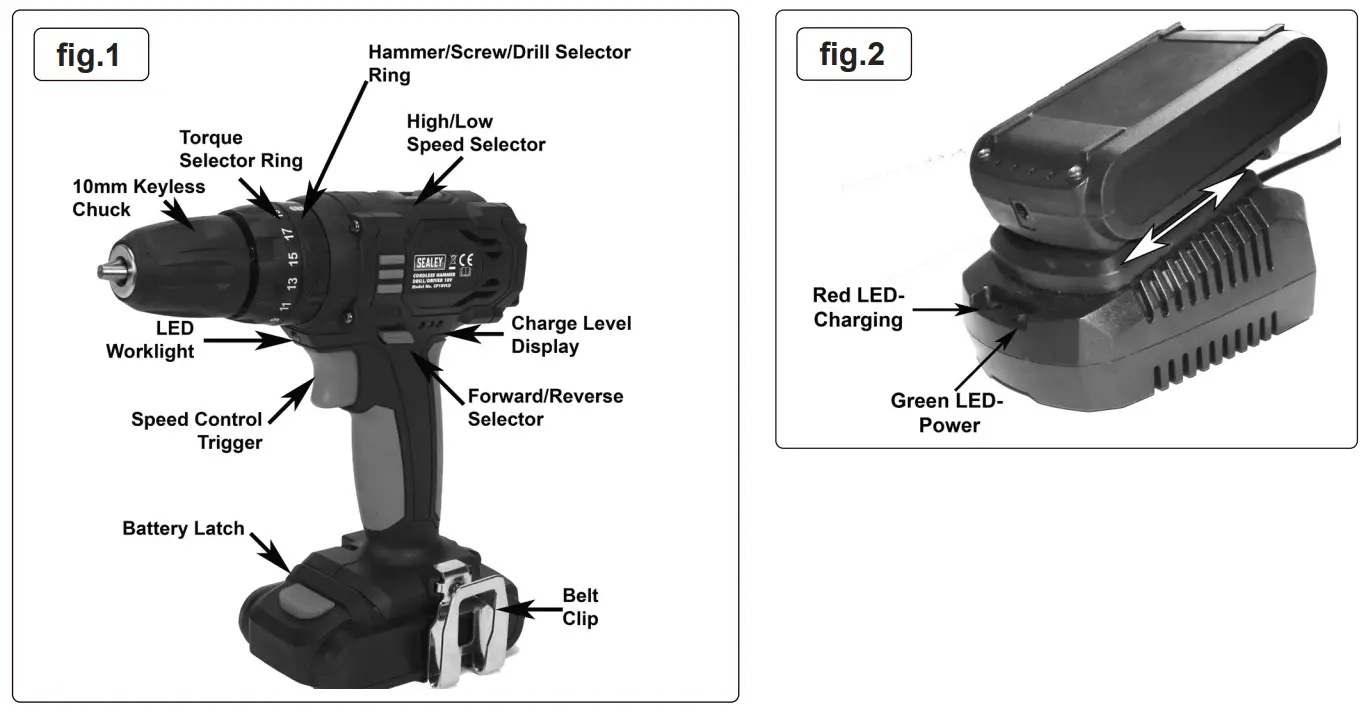 SEALEY CP18VLD 18V Ø10MM Cordless Hammer Drill Driver - fig 1