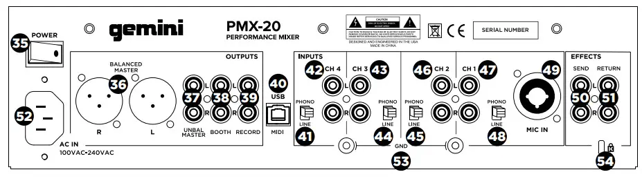 gemini PMX-20 Digital DJ Performance Mixer - REAR VIEW