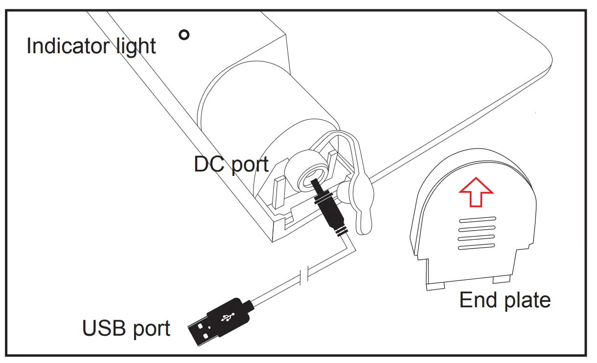 1. Connect the supplied DC cord to the charging port of the
camera by removing the end plate cover on the camera.
Carefully slide up away from the camera plate.
2. Plug the cable USB port into any standard USB charging
adapter (Not included) with an output rating more than 1000mA
3. A red light indicator near the camera cover will illuminate while
charging.
4. Charge time takes 4 to 5 hours. Once fully charged the
indicator light will turn off.