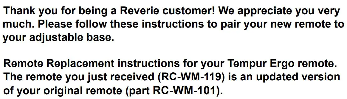 Reverie RC-WM-119 Replacement Remote for Tempurpedic Ergo Advance User Guide