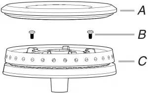 A. Burner cap B. Screws C. Burner base