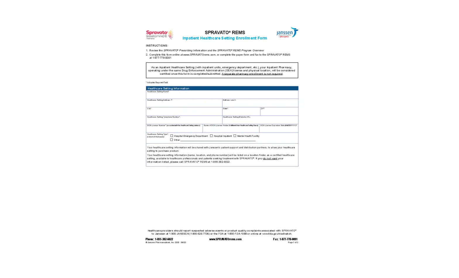 Spravato Inpatient Healthcare Setting Enrollment Form Instructions