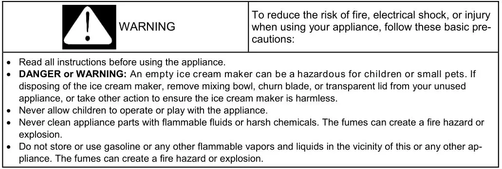 Whynter ICM-255SSY 2.5 Liter Upright Ice Cream Maker - IMPORTANT SAFETY INSTRUCTIONS