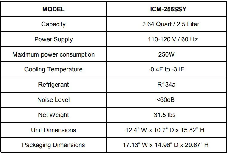 Whynter ICM-255SSY 2.5 Liter Upright Ice Cream Maker - TECHNICAL DATA