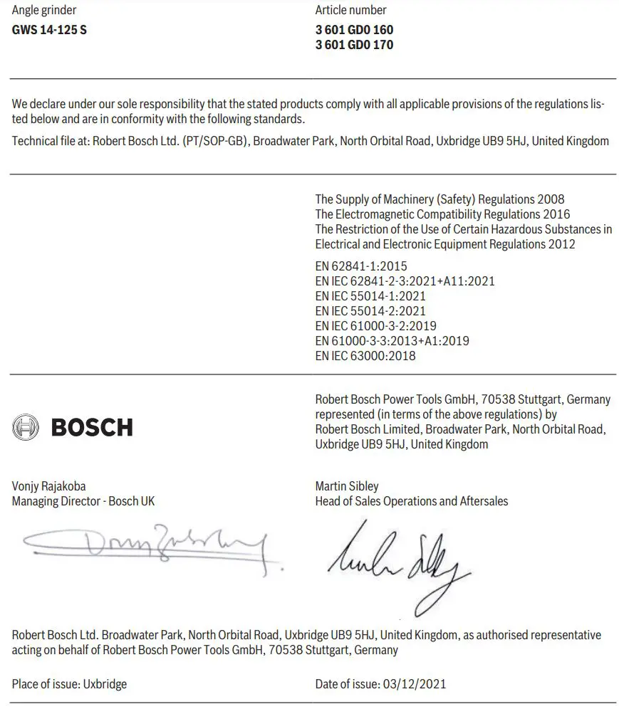 BOSCH GWS 14-125 S Angle Grinder Instruction Manual - Declaration of Conformity