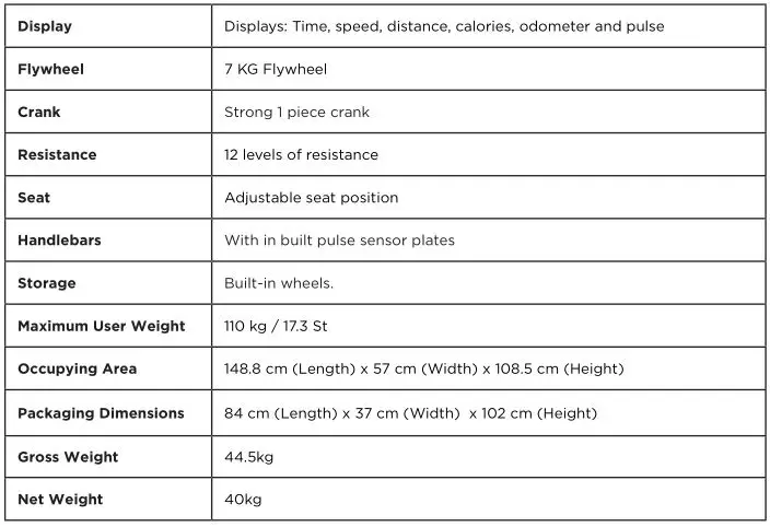 JLL Fitness Recumbent Bike - SPECIFICATIONS