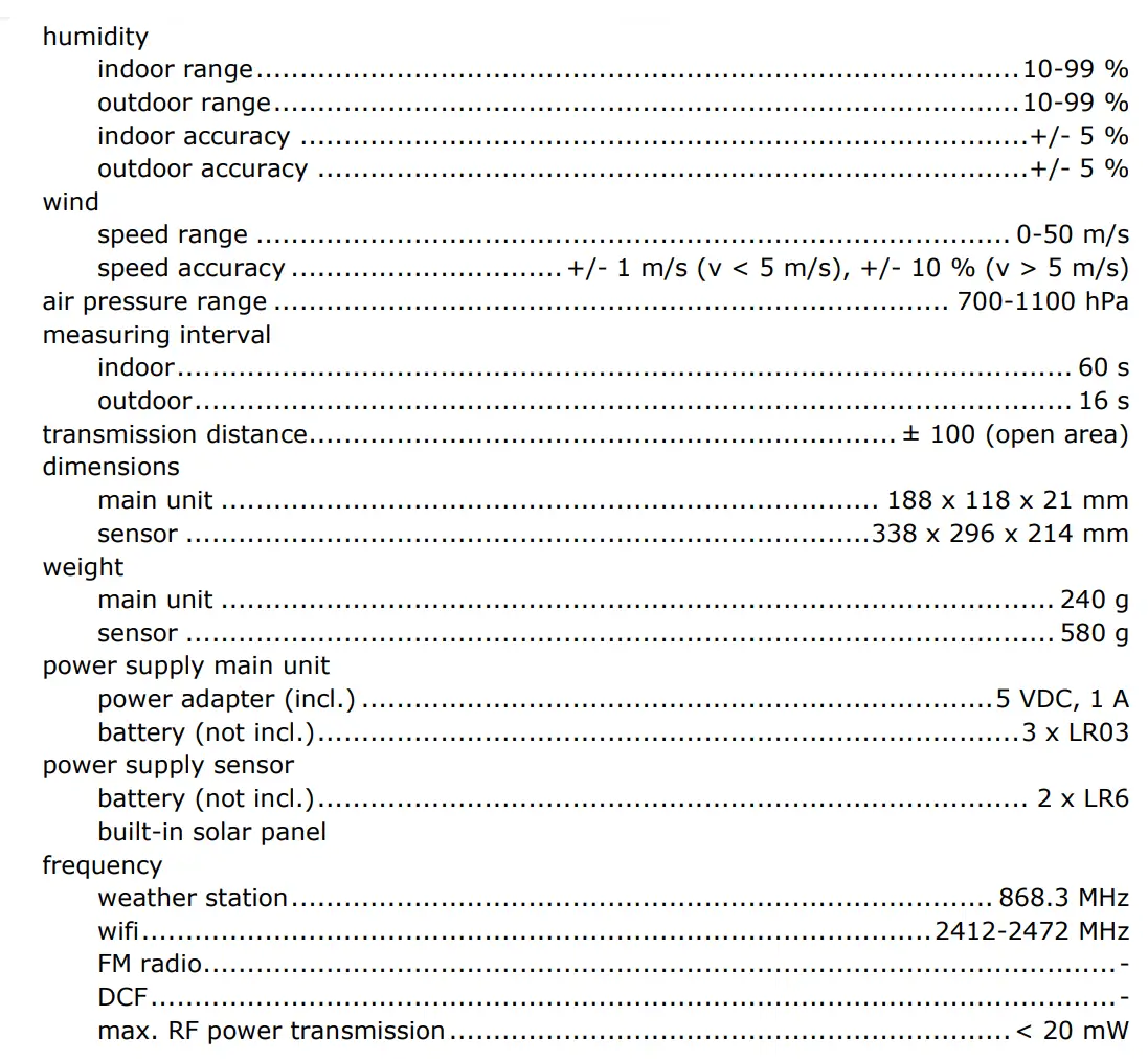 PEREL WC224 WiFi Weather Station with Outdoor Unit User Manual - Technical Specifications