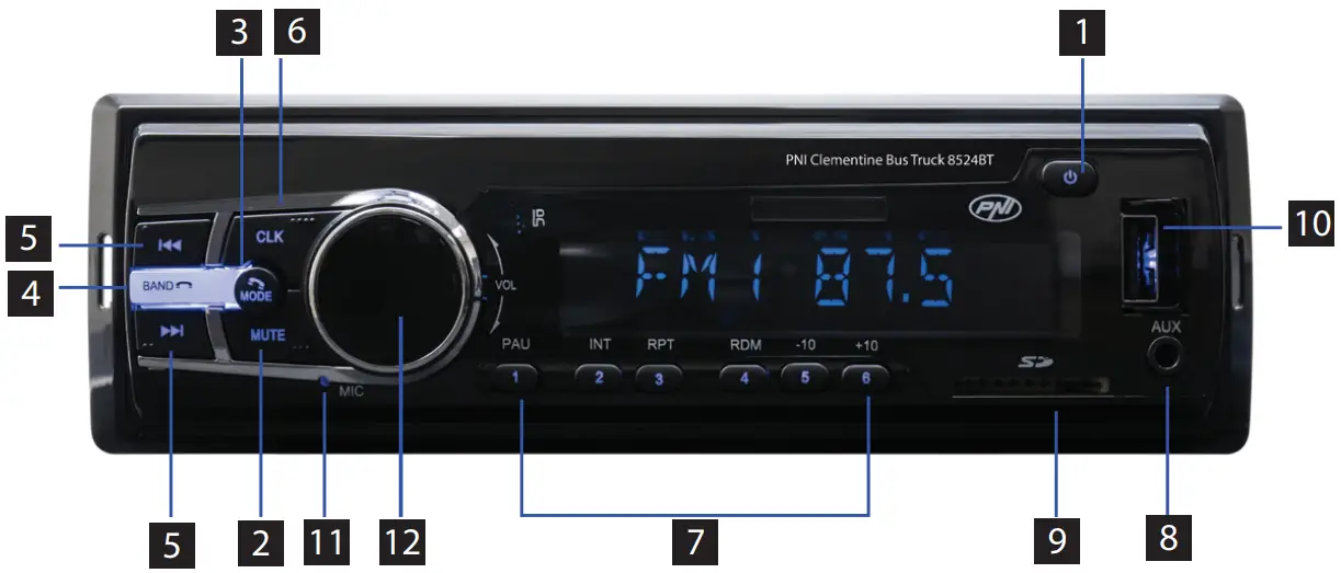 PNi 8524BT Clementine Bus Truck Radio MP3 Player - FRONT PANEL DESCRIPTION