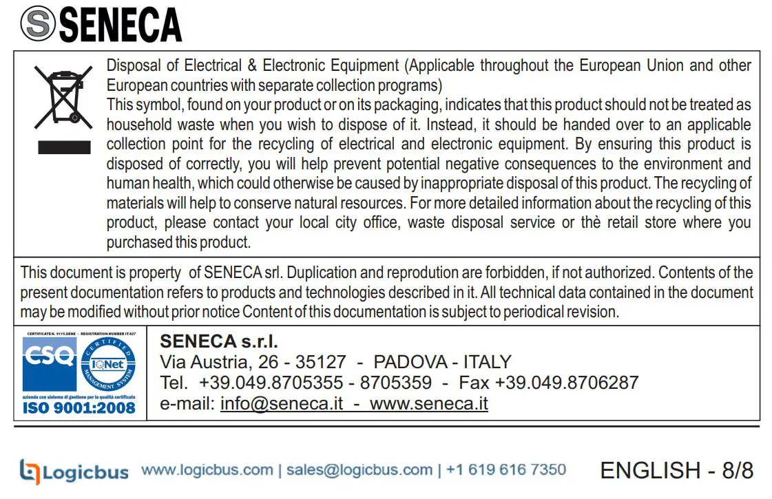 SENECA K109S Signal converter Instruction Manual - Certified icon