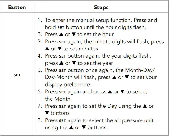 Marathon Radio-controlled wall desk clock weather station with 3 wireless outdoor sensors User Manual - To set the clock manually