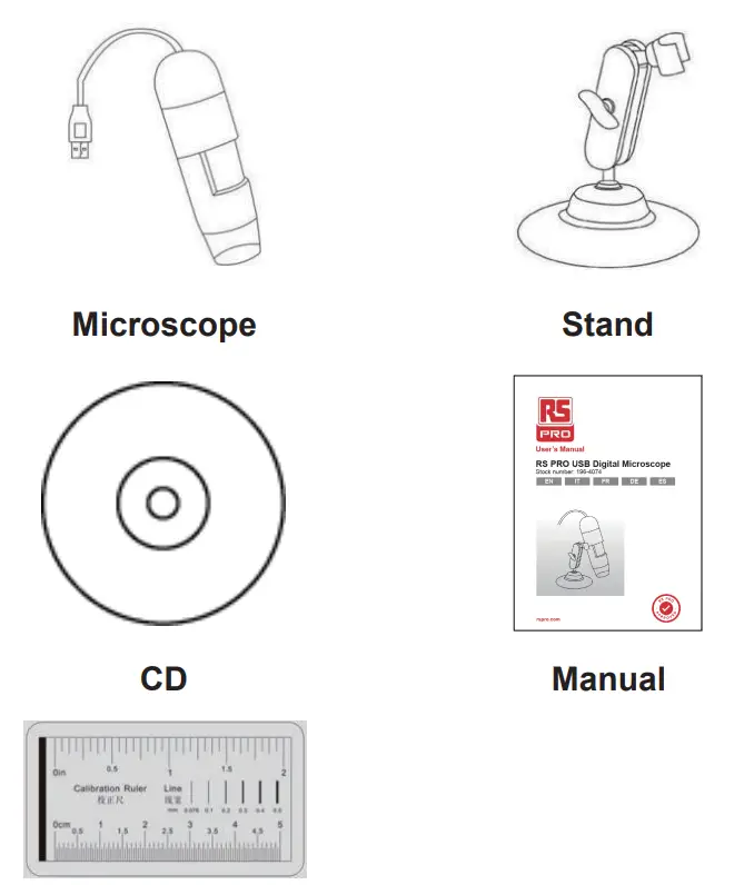 RS PRO 196 4074 USB Digital Microscope - Standard accessories