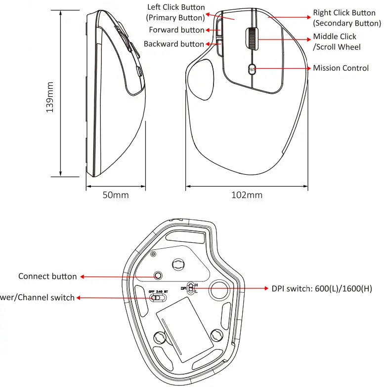 perixx PM 720 Wireless Bluetooth Ergonomic Vertical Trackball Mouse - Fig 1