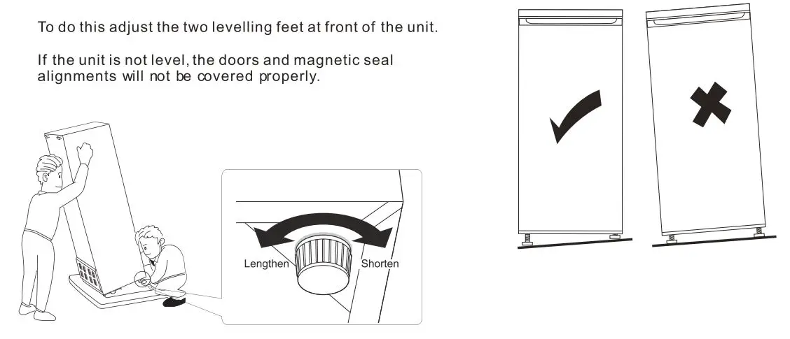 Continental Edison CEFC260DB 260 L Bottom Freezer Fridge Instructions - Levelling the unit